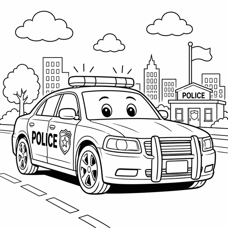 Police car coloring pages for kids featuring a smiling police car in front of a police station