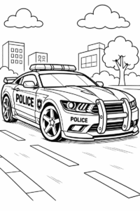 Police sports car coloring page for kids featuring a fast police car driving on a city street