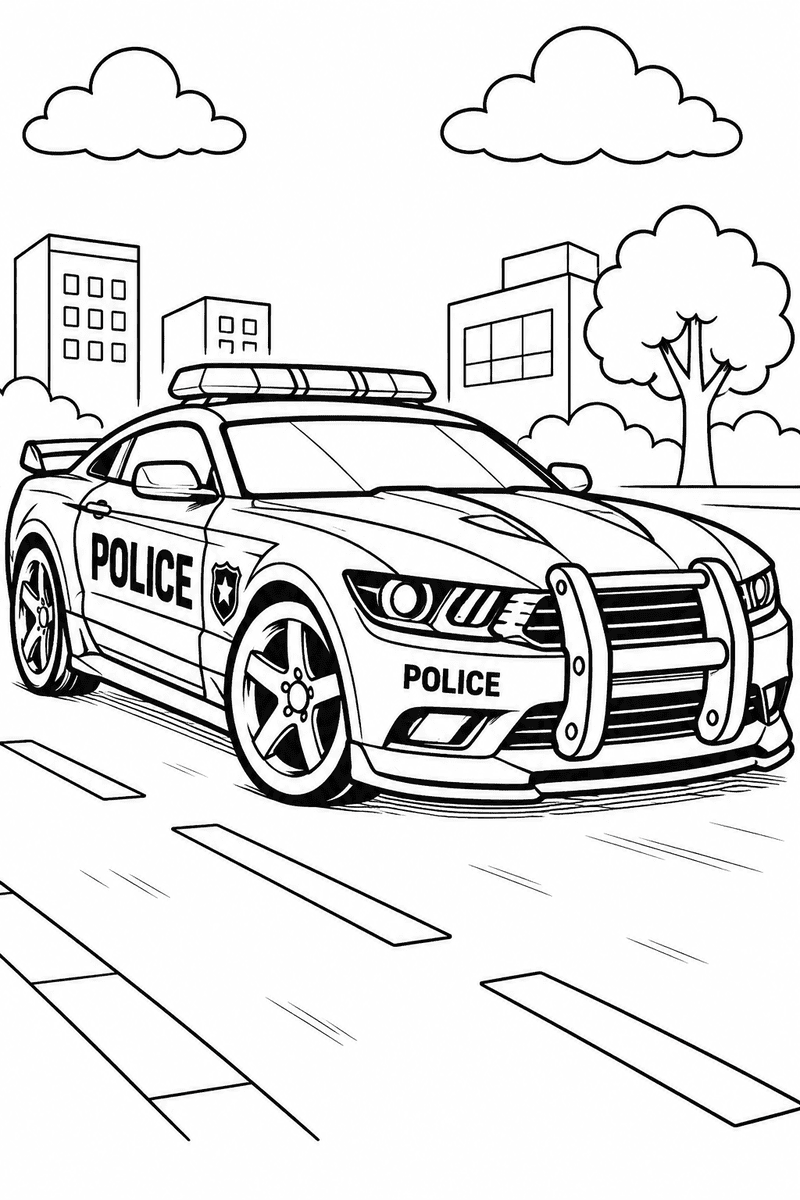 Police sports car coloring page for kids featuring a fast police car driving on a city street