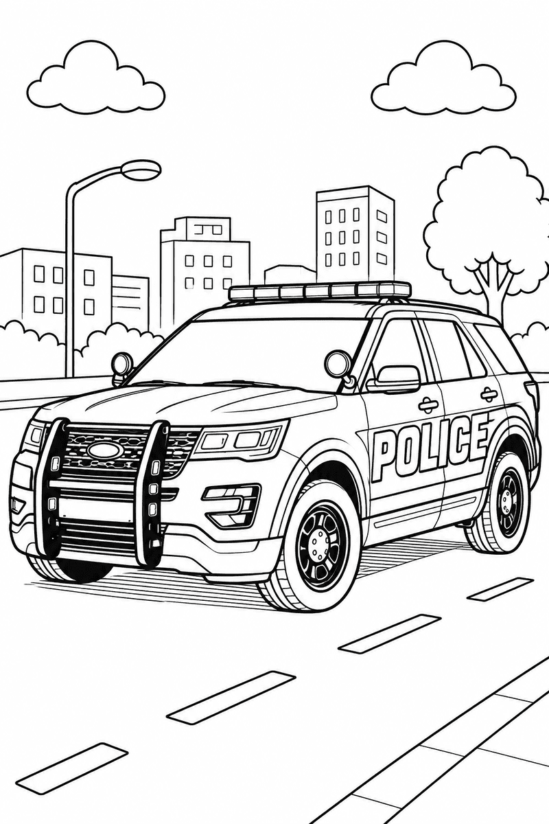 Police SUV coloring page for kids featuring a large police vehicle driving on a city street
