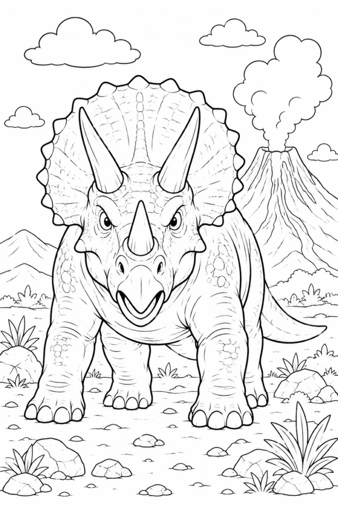 Powerful Triceratops coloring page for kids featuring a big front-facing dinosaur with horns near a volcano