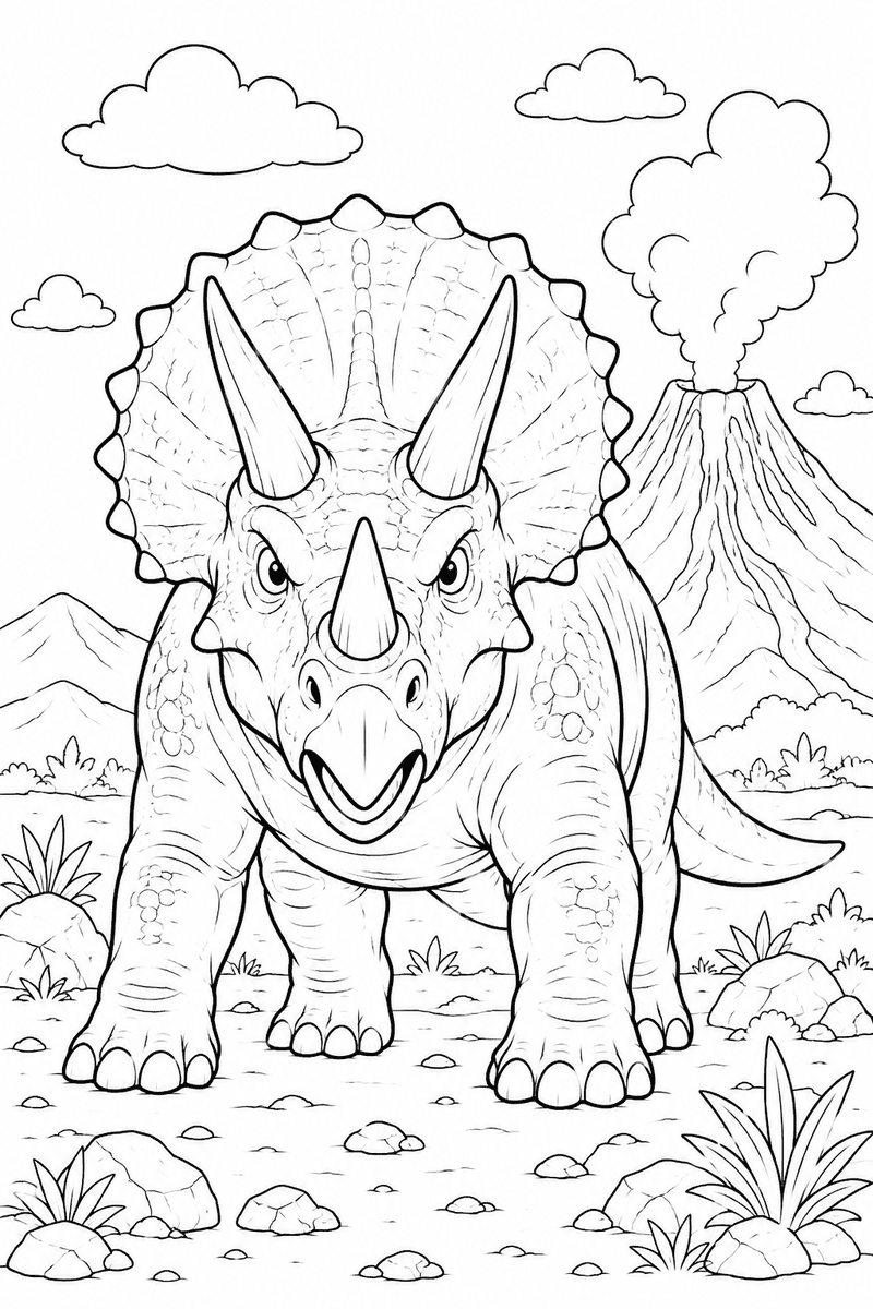 Powerful Triceratops coloring page for kids featuring a big front-facing dinosaur with horns near a volcano