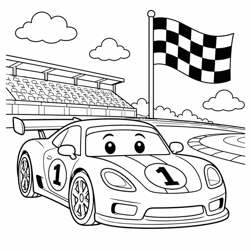 Race car coloring pages for kids featuring a number 1 race car on a racetrack with a checkered flag
