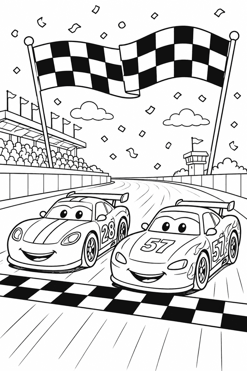 Race cars at the finish line coloring page for kids featuring two smiling racing cars crossing a checkered finish line