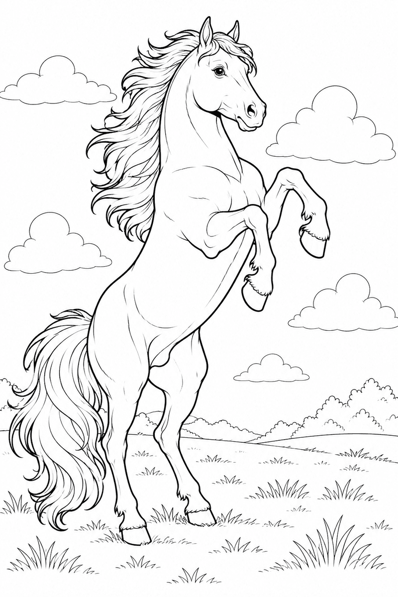 Rearing horse coloring page for kids featuring a strong stallion standing on its hind legs with a flowing mane and tail