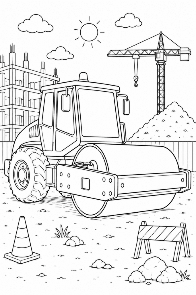 Road roller coloring page for kids featuring a large construction roller beside a crane, unfinished building, traffic cone and safety barrier