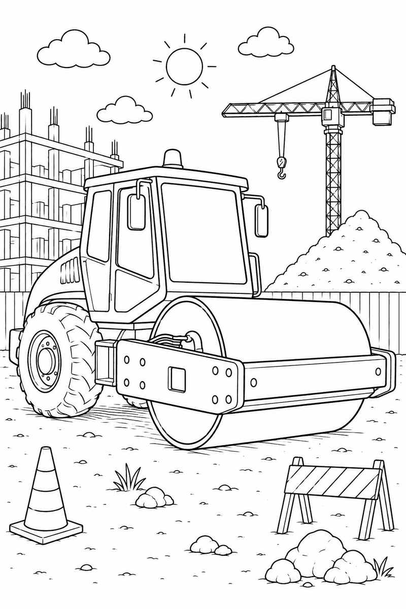 Road roller coloring page for kids featuring a large construction roller beside a crane, unfinished building, traffic cone and safety barrier