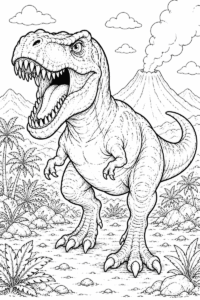 Roaring T Rex coloring page for kids featuring a fierce dinosaur with sharp teeth in a prehistoric jungle scene