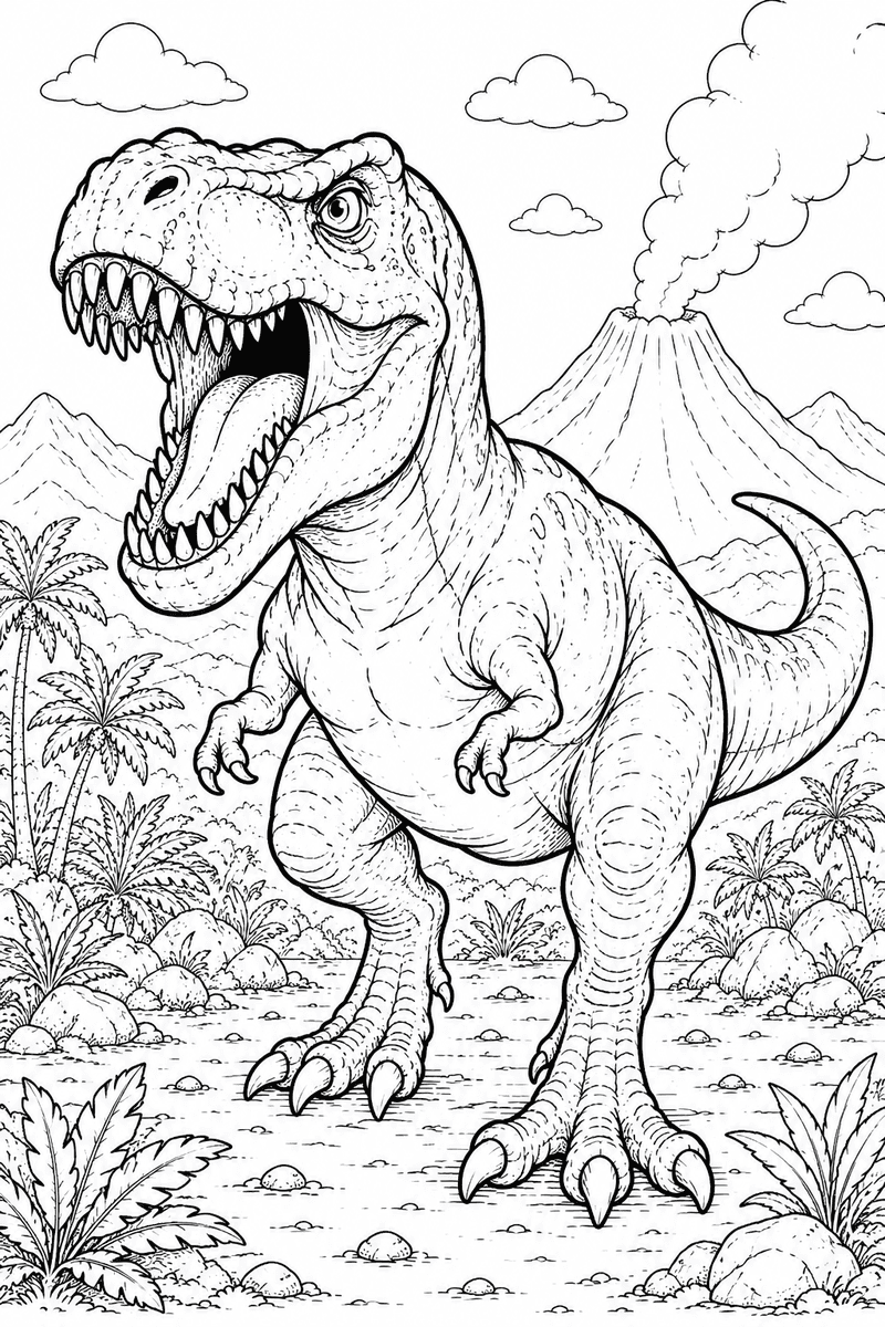 Roaring T Rex coloring page for kids featuring a fierce dinosaur with sharp teeth in a prehistoric jungle scene