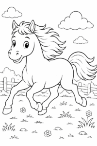 Running horse coloring page for kids with a happy horse running in a meadow