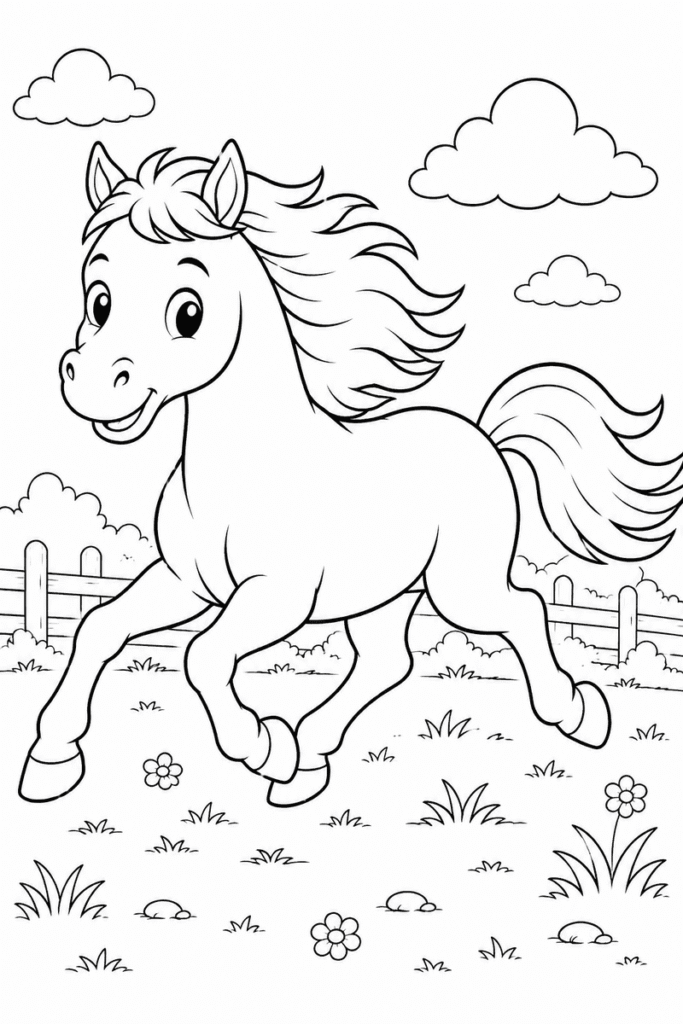 Running horse coloring page for kids with a happy horse running in a meadow