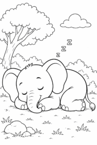 Sleeping elephant coloring page for kids with a cute baby elephant sleeping under a tree