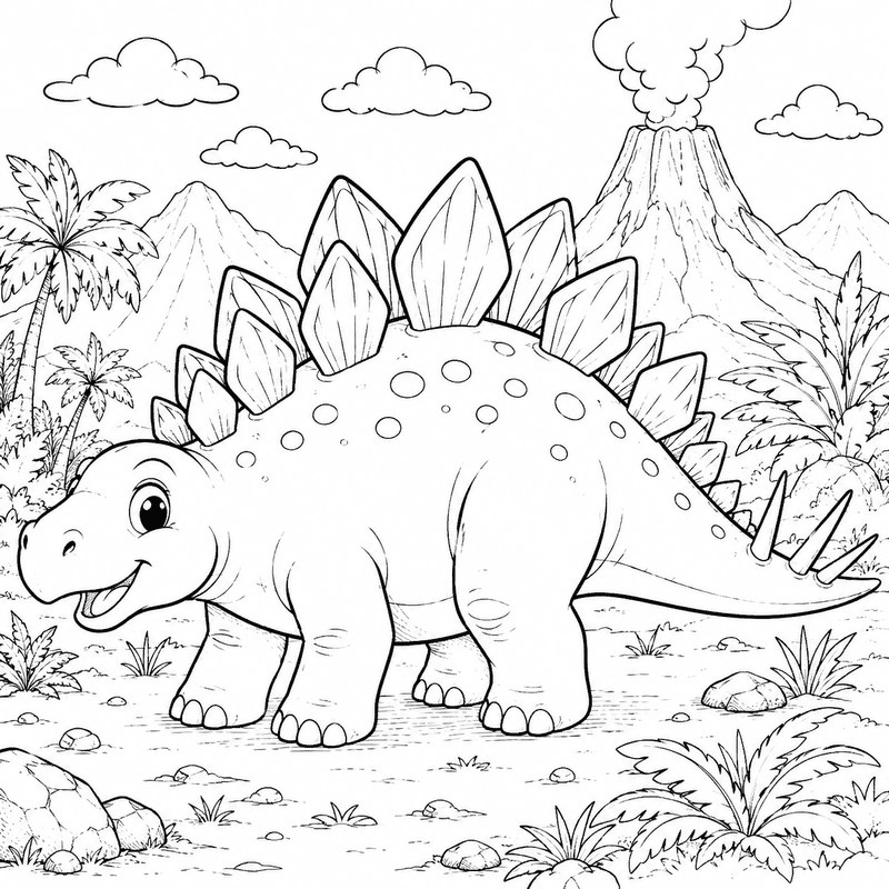 Stegosaurus coloring pages for kids thumbnail featuring a cute stegosaurus with plates on its back in a prehistoric landscape