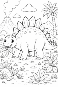 Stegosaurus eating leaves coloring page for kids featuring a cute dinosaur munching on leaves in a prehistoric scene