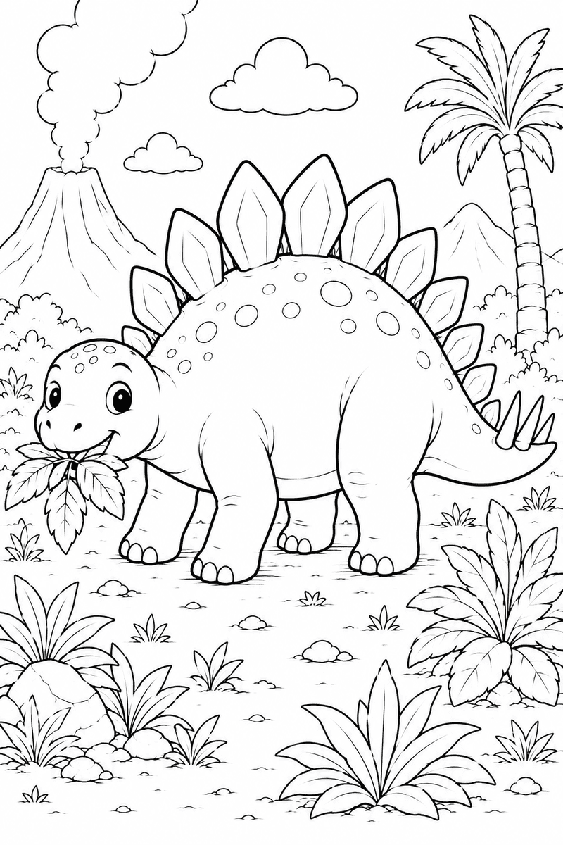 Stegosaurus eating leaves coloring page for kids featuring a cute dinosaur munching on leaves in a prehistoric scene