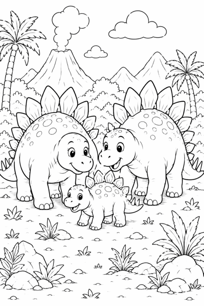 Stegosaurus family coloring page for kids featuring two adult dinosaurs and a baby Stegosaurus in a prehistoric scene
