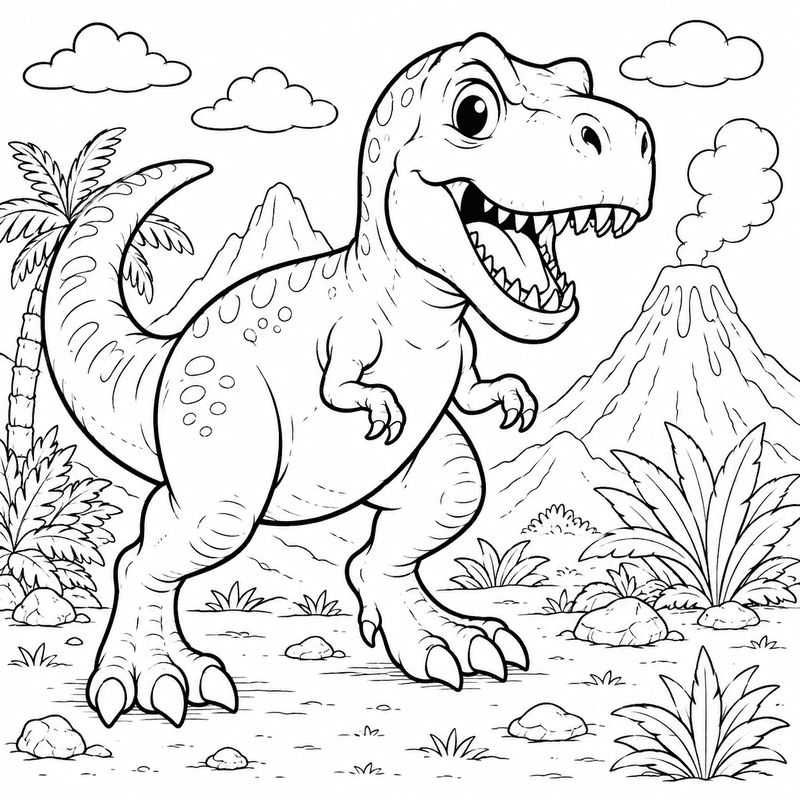 T Rex coloring pages for kids thumbnail with a cute dinosaur in a prehistoric scene