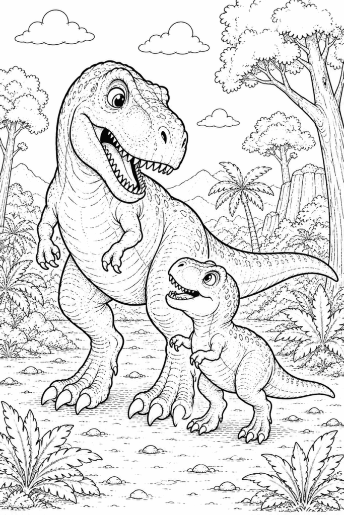 T Rex family coloring page for kids featuring a big T Rex and baby dinosaur in a prehistoric jungle