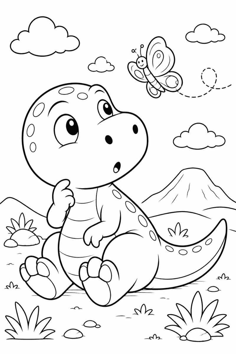 T Rex with butterfly coloring page for kids featuring a surprised dinosaur sitting and watching a butterfly
