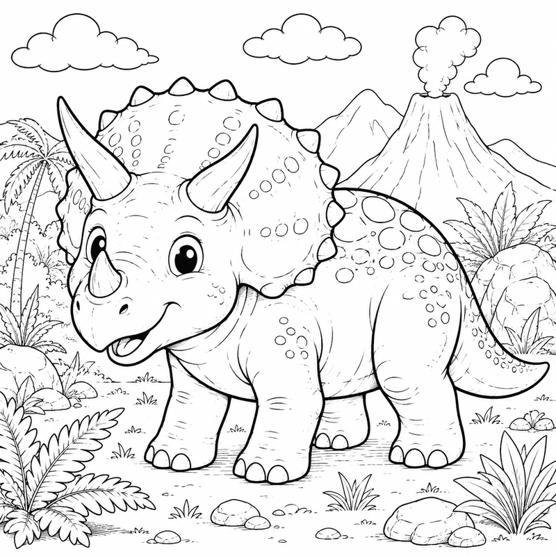 Triceratops coloring pages for kids thumbnail featuring a cute triceratops in a prehistoric landscape