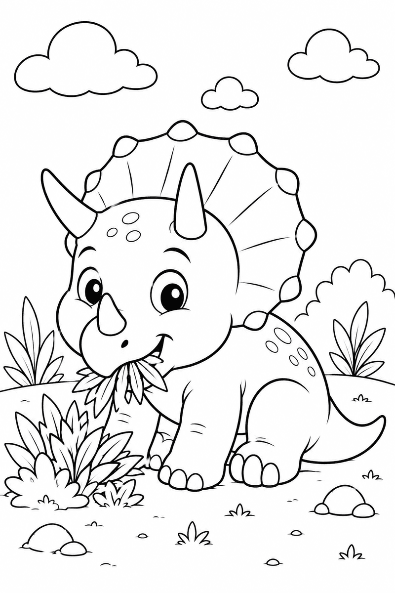 Triceratops eating leaves coloring page for kids featuring a cute dinosaur munching on plants in a simple prehistoric scene