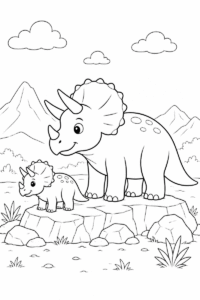 Triceratops family coloring page for kids featuring a big Triceratops and baby dinosaur standing on rocks in a prehistoric scene