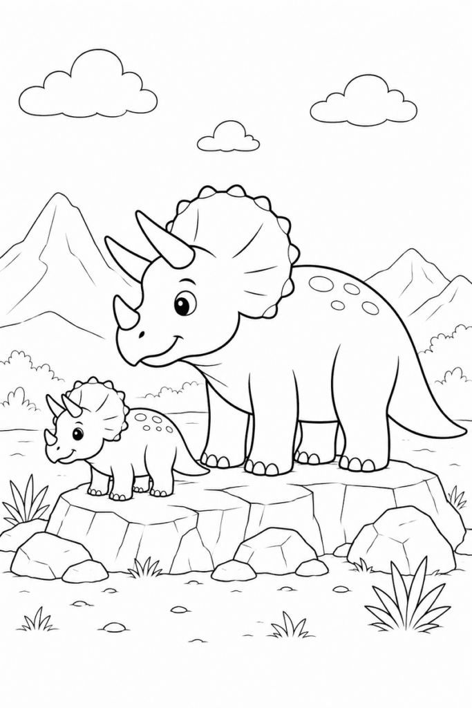 Triceratops family coloring page for kids featuring a big Triceratops and baby dinosaur standing on rocks in a prehistoric scene