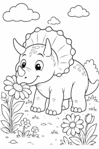 Triceratops with flowers coloring page for kids featuring a cute dinosaur smelling a flower in a simple meadow