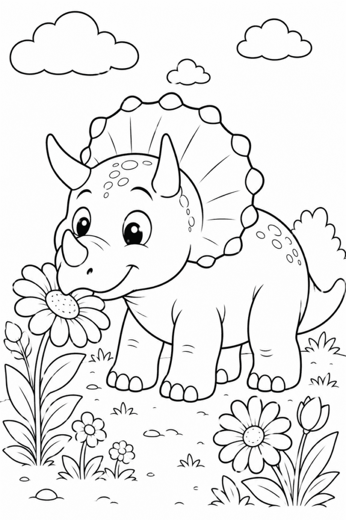 Triceratops with flowers coloring page for kids featuring a cute dinosaur smelling a flower in a simple meadow