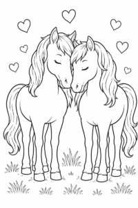 Two cute horses with hearts coloring page for kids featuring two horses nuzzling in a meadow