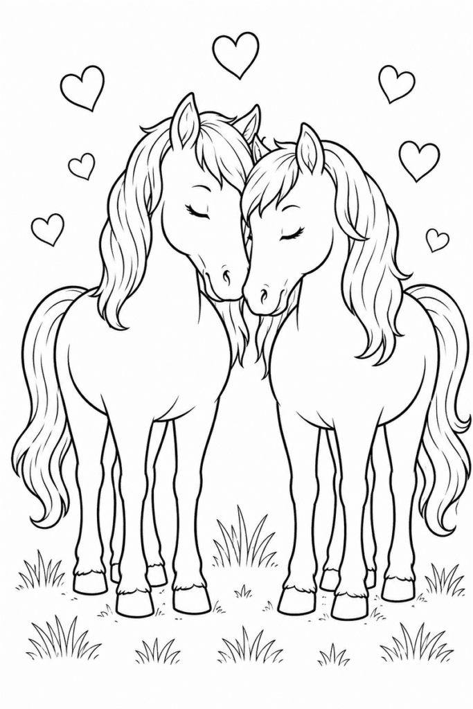 Two cute horses with hearts coloring page for kids featuring two horses nuzzling in a meadow