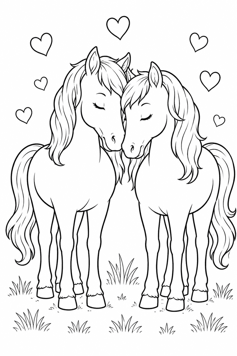 Two cute horses with hearts coloring page for kids featuring two horses nuzzling in a meadow