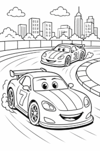 Two race cars coloring page for kids featuring two smiling racing cars on a curved track