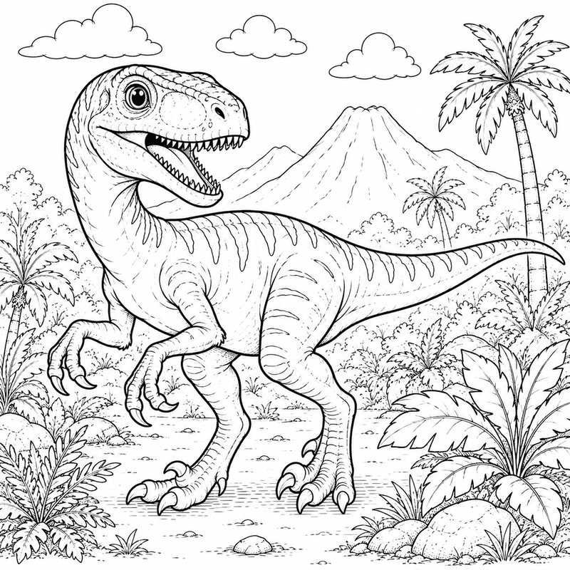 Velociraptor coloring pages for kids thumbnail featuring a cartoon raptor dinosaur in a prehistoric jungle