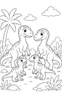 Velociraptor family coloring page for kids featuring two adult raptors and two baby dinosaurs in a simple prehistoric scene