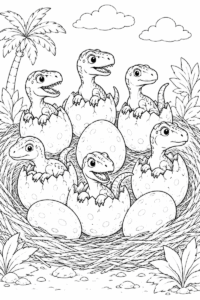 Velociraptor hatchlings coloring page for kids featuring baby raptors hatching from eggs in a dinosaur nest