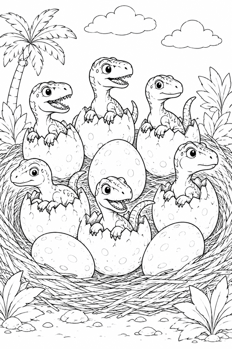 Velociraptor hatchlings coloring page for kids featuring baby raptors hatching from eggs in a dinosaur nest