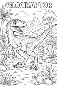 Velociraptor jungle coloring page for kids featuring a fierce dinosaur walking through a prehistoric landscape
