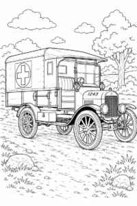 Vintage ambulance coloring page for kids featuring an early twentieth-century medical vehicle with spoked wheels and a cross symbol on a countryside road