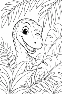 Winking Velociraptor coloring page for kids featuring a smiling dinosaur peeking out from jungle leaves