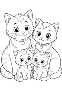 Cat family coloring page for kids with two adult cats and two cute kittens