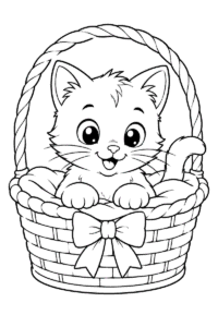 Cat in a basket coloring page for kids with a cute kitten sitting in a woven basket
