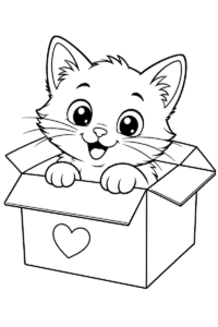 Cat in a cardboard box coloring page for kids with a cute kitten peeking out