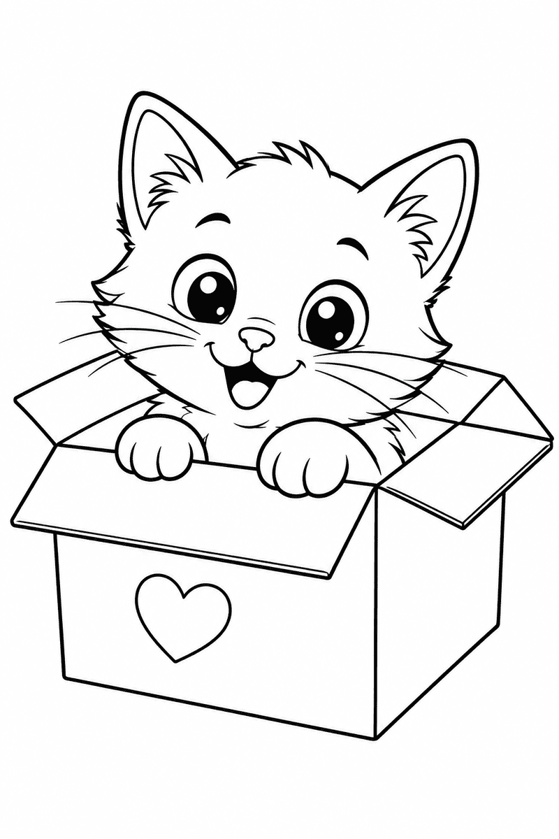Cat in a cardboard box coloring page for kids with a cute kitten peeking out
