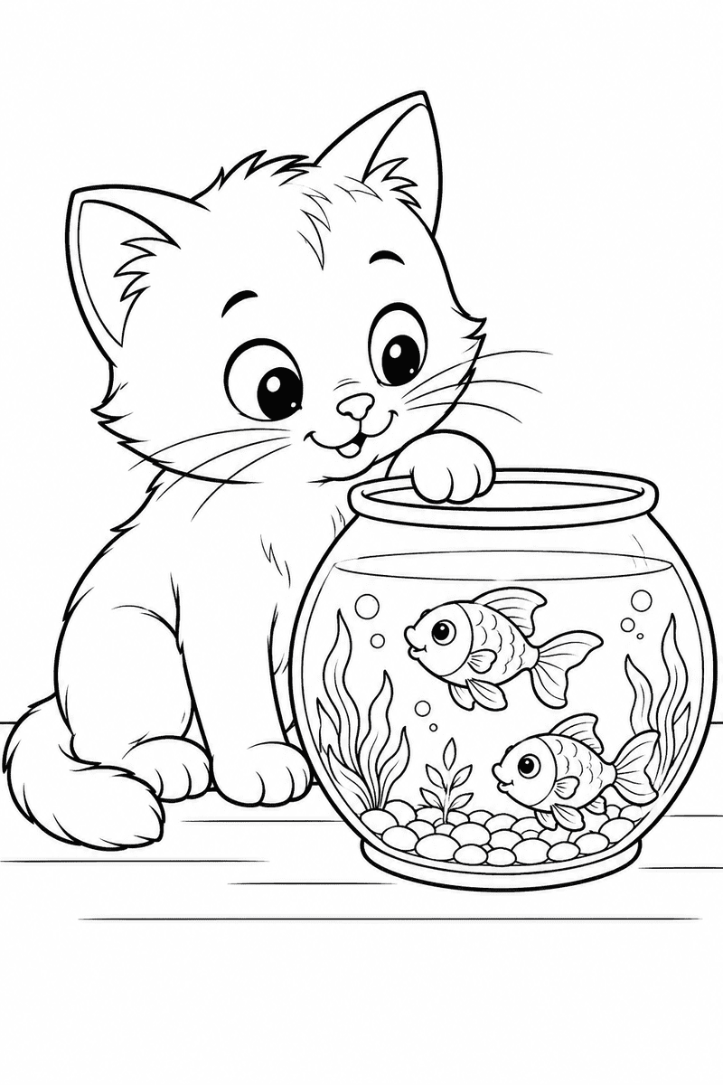Cat watching fish in a bowl coloring page for kids with a curious kitten and two fish