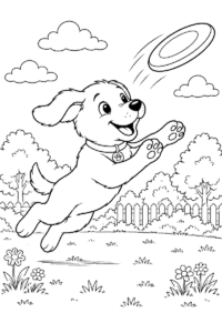 Playful dog jumping to catch a flying frisbee in a park with trees and flowers