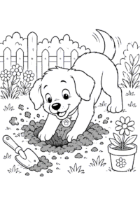 Happy puppy digging a hole in the garden beside a trowel and flower pot