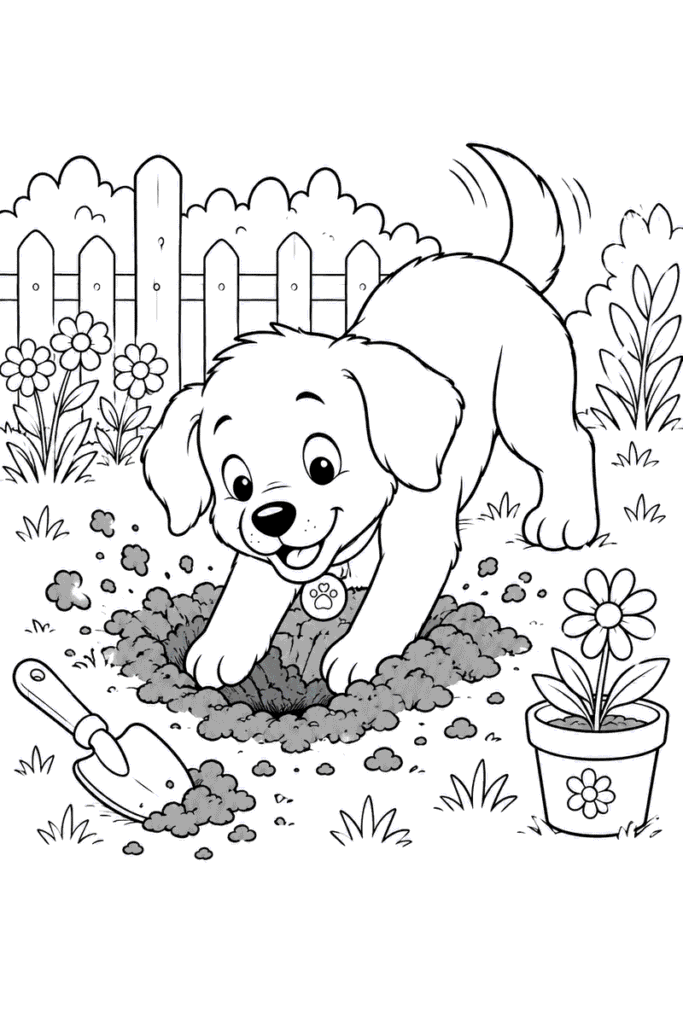 Happy puppy digging a hole in the garden beside a trowel and flower pot