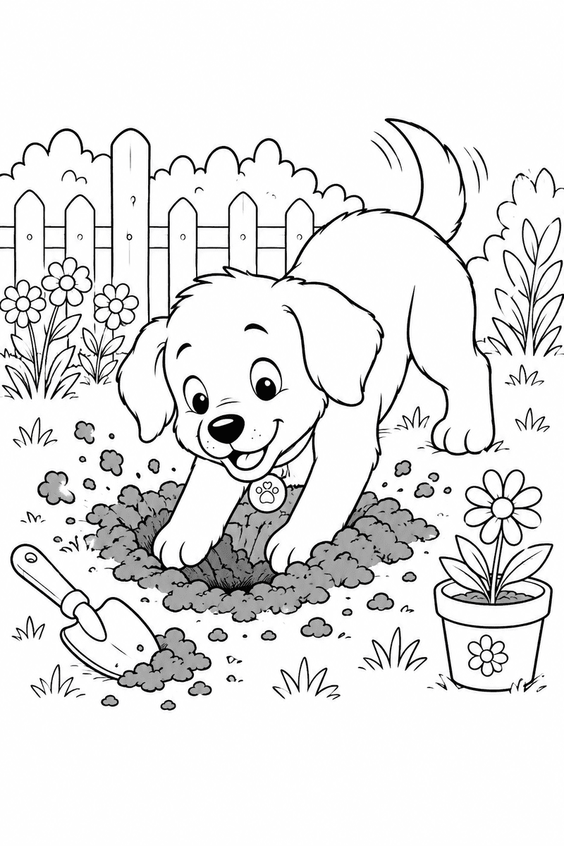 Happy puppy digging a hole in the garden beside a trowel and flower pot