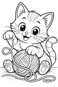 Playful cat coloring page for kids with a kitten playing with a ball of yarn
